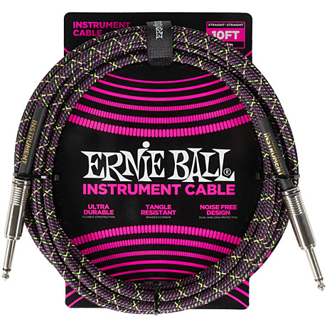 ERNIE BALL 6427 - кабель инструментальный, оплетёный, 3,05 м, прямые джеки, фиолетовый/зеленый